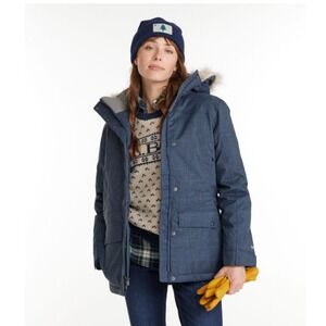 LL Bean Baxter State Parka Down Filled Faux Fur Trim Navy wmn Small Petite